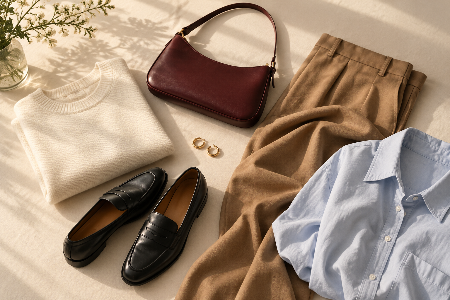 Editorial outfit inspiration: an ivory knit, camel trousers, a pale blue shirt, black loafers, and a burgundy bag